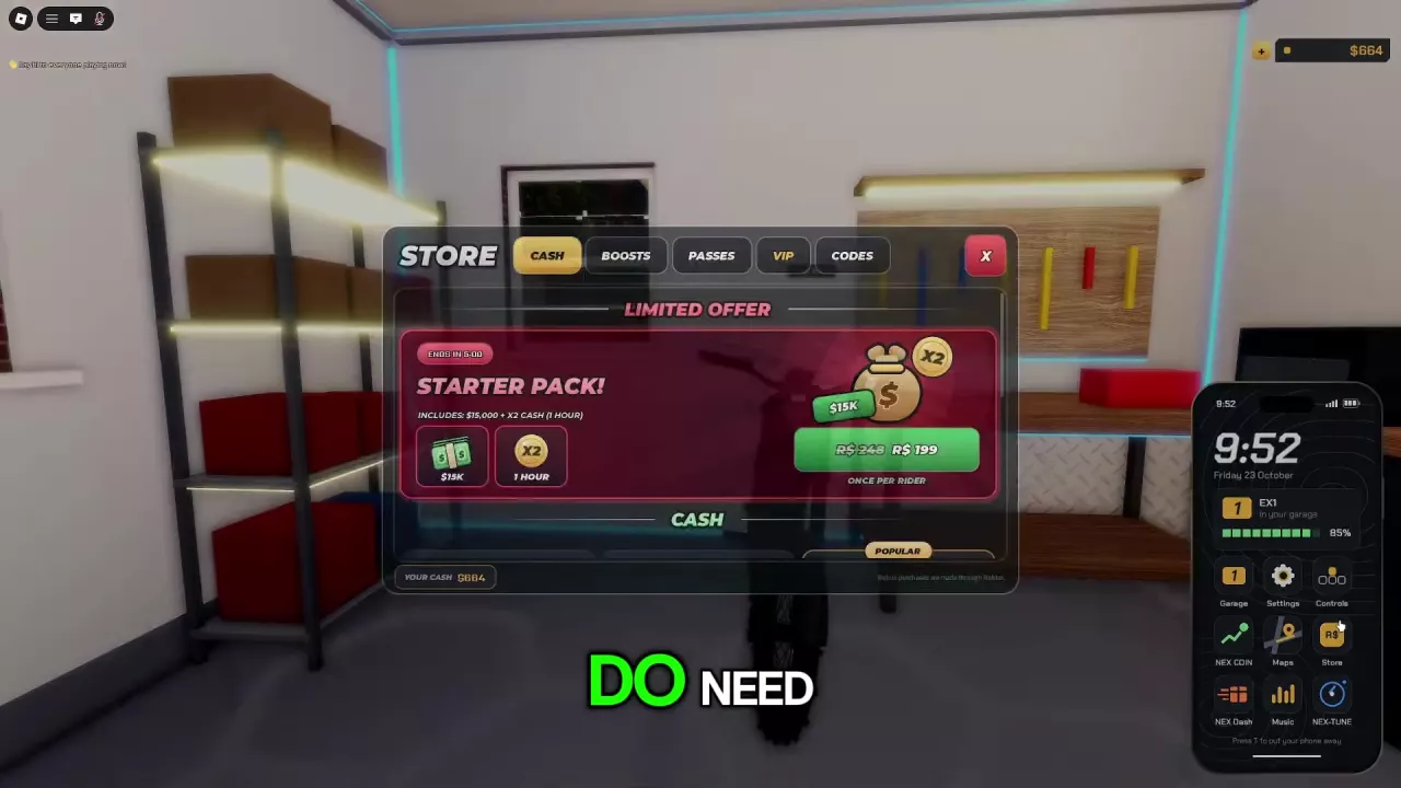 NexRide Store with the CASH tab selected, the Starter Pack offer and the phone's Store icon visible.