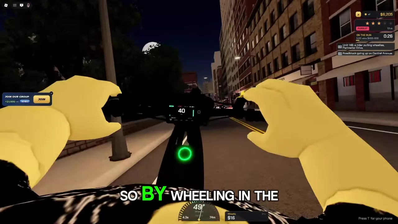 Active wheelie with angle, duration, distance, and cash displays at the bottom of the screen.