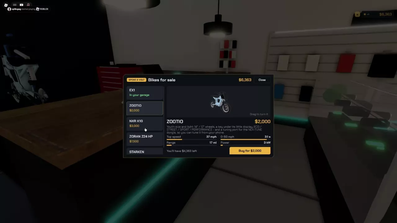 Spoke & Volt purchase menu with ZOOTIO selected and the Buy for $2,000 button at the lower right.