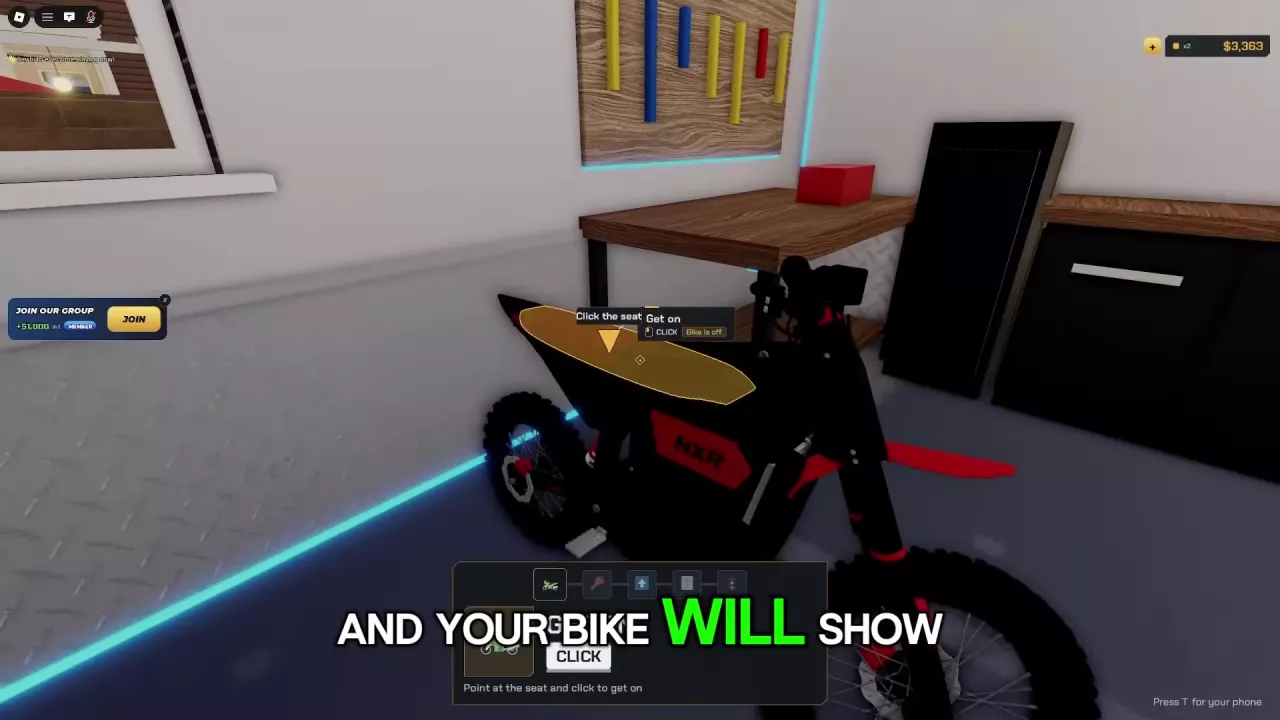 Highlighted bike seat with the Get on prompt inside the garage.
